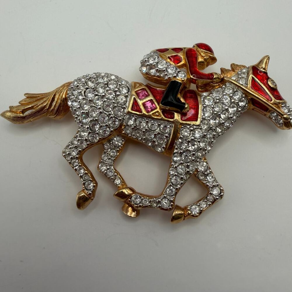 Vtg Swarovski Signed Swan Crystal Race Horse Jockey Brooch Pin Kentucky Derby
